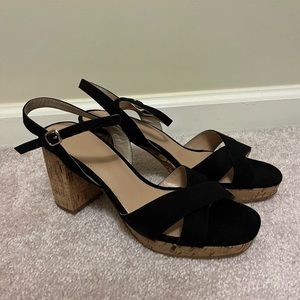 Black strappy block cork heels